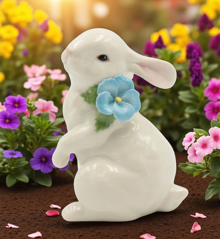 Ceramic White Rabbit with Blue Pansy Flower Figurine Home Décor Gift for Her Gift for Mom Kitchen Décor Spring Décor