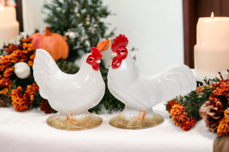 Ceramic White Rooster and Hen Salt and Pepper Shakers Gift for Her Mom Farmhouse Kitchen Décor Fall Décor Thanksgiving