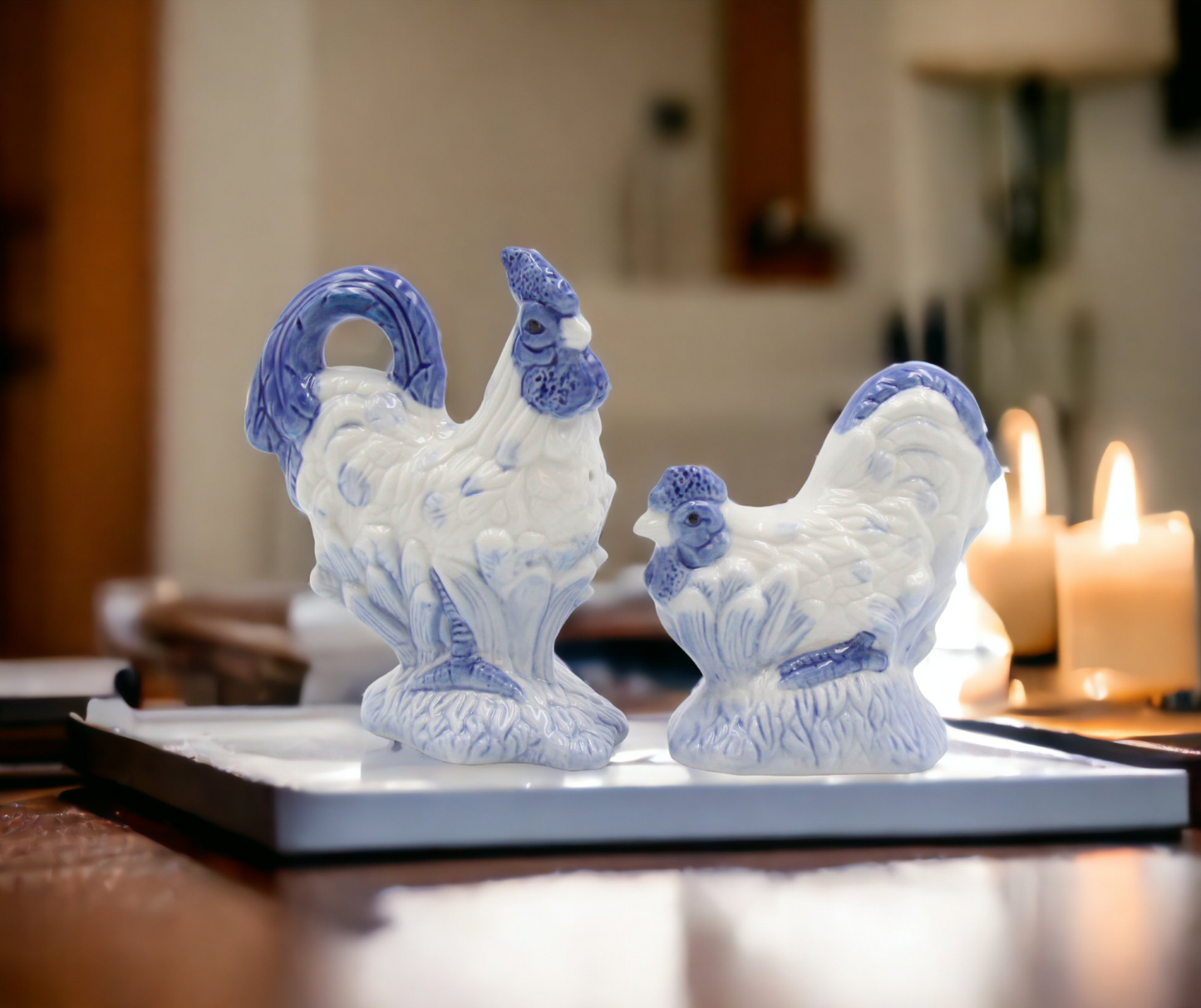 Ceramic White Rooster With Blue Print Salt And Pepper Shakers Home Décor Gift for Her Gift for Mom Kitchen Décor