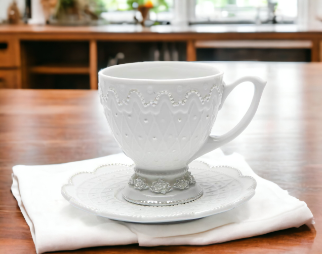 Ceramic White Rose Cup and Saucer Wedding Décor or Gift Anniversary Décor or Gift Home Décor - cup and saucer