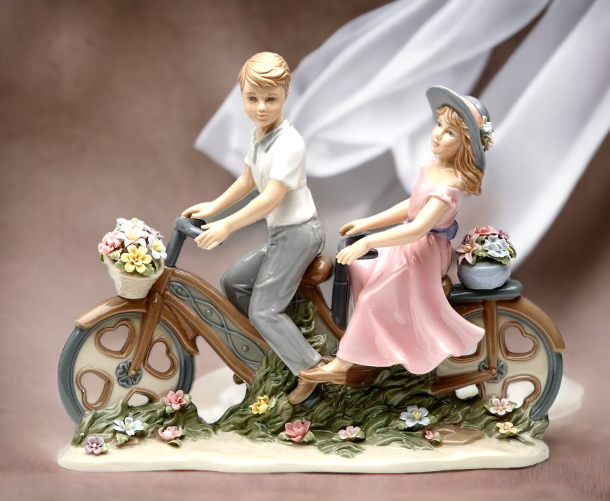 Ceramic Young Couple Sharing Bike Figurine Gift for Parents Gift for Her Gift for Mom Home Decor - Figurines