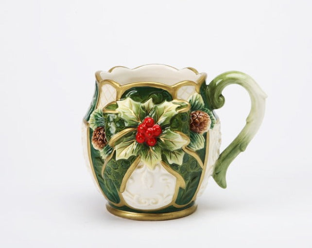 Christmas Ceramic Holly Mug (SET OF 4) Home Décor Gift for Her Gift for Mom Kitchen Décor Christmas Décor - Mugs
