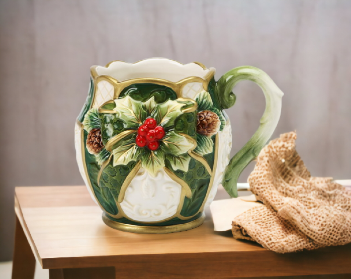 Christmas Ceramic Holly Mug (SET OF 4) Home Décor Gift for Her Gift for Mom Kitchen Décor Christmas Décor - Mugs