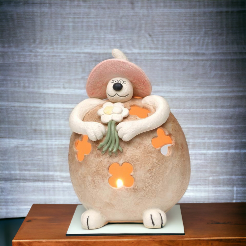 Clay Fat Cat Holding Flowers Tealight Candle Holder Home Décor Gift for Her Gift for Mom Kitchen Décor Cat Lovers Gift