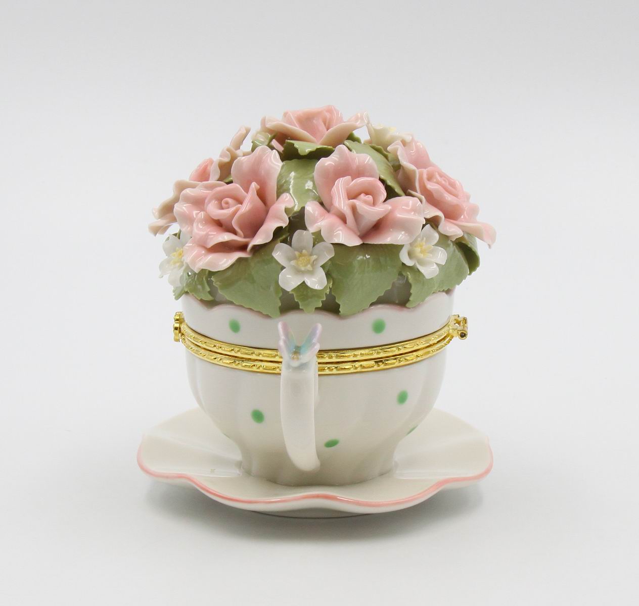 Cup and Saucer Shaped Hinge Box with Pink Flowers Music Box Home Décor Gift for Her Gift for Mom Mother’s Day Gift