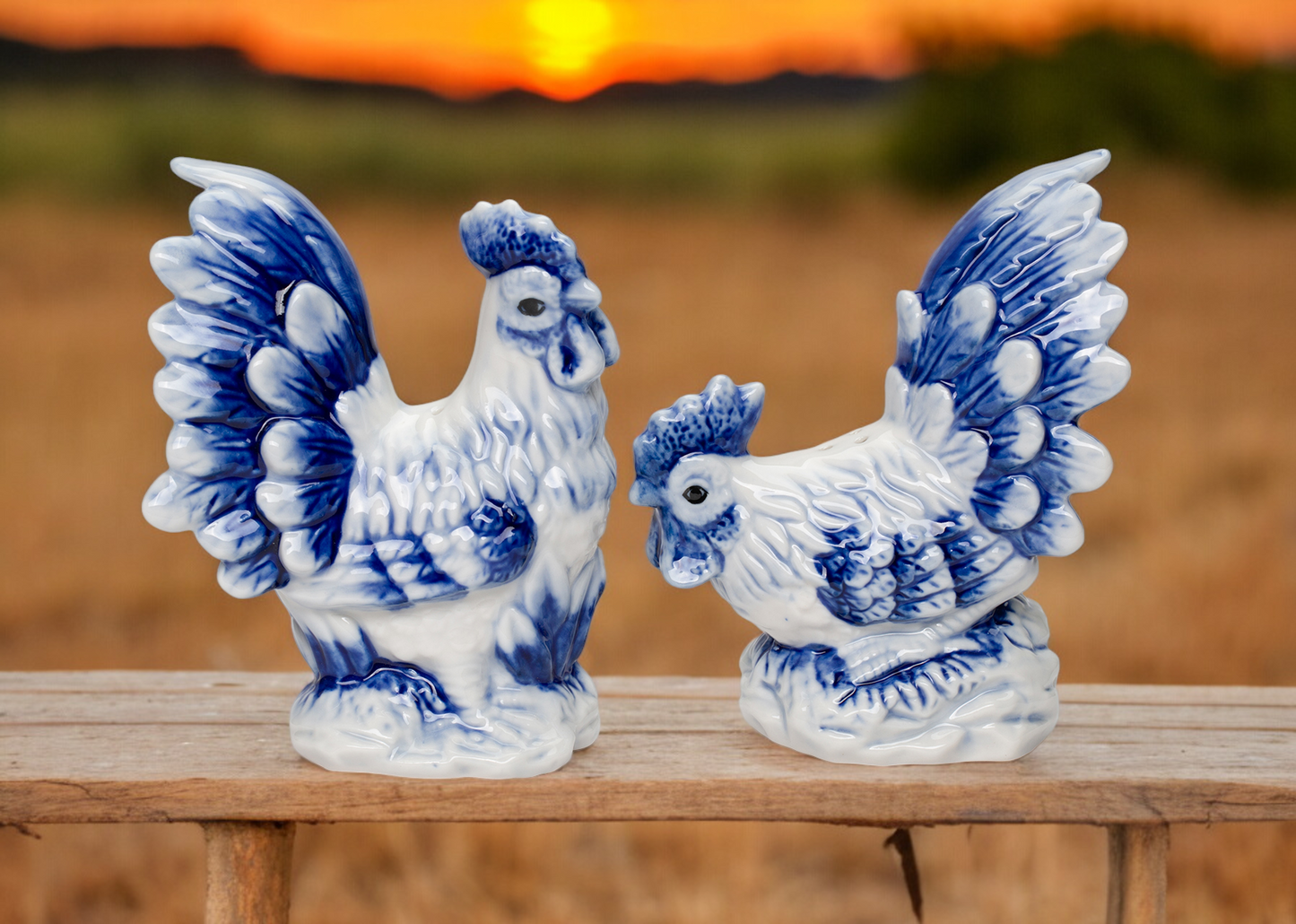 Dutch Blue Ceramic Country Rooster Salt And Pepper Shakers Farm and Ranch Decor Gift for Mom - Salt & Pepper Shakers