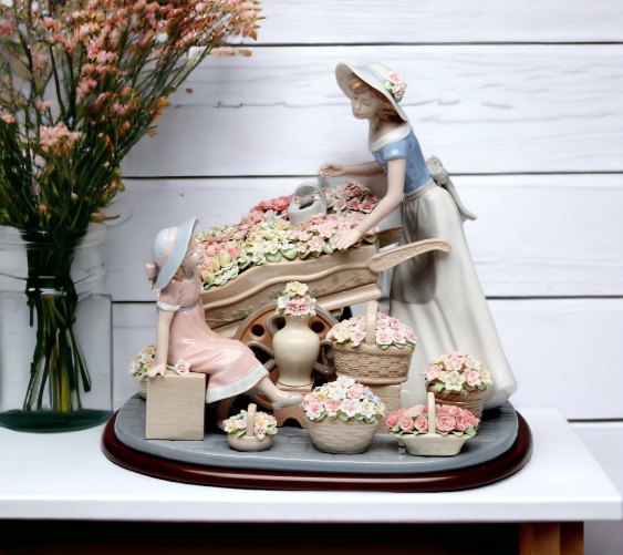 Fine Porcelain Mother with Daughter at Flower Market Figurine Home Décor Gift for Her Gift for Mom Nature Lover Gift