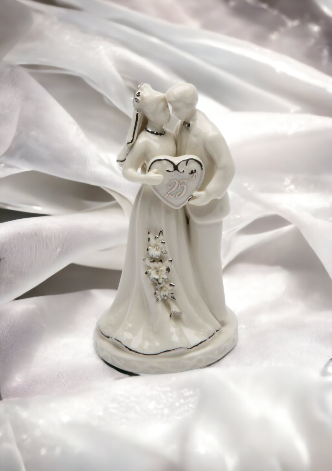 Hand Crafted Ceramic 25th Anniversary Couple Cake Topper with Silver Accents Anniversary Décor Anniversary Gift - cake