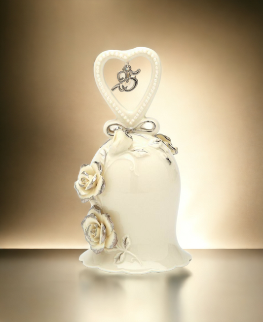 Hand Crafted Ceramic Ivory Rose Bell with Silver Accents-25th Anniversary Anniversary Décor Anniversary Gift - Hand
