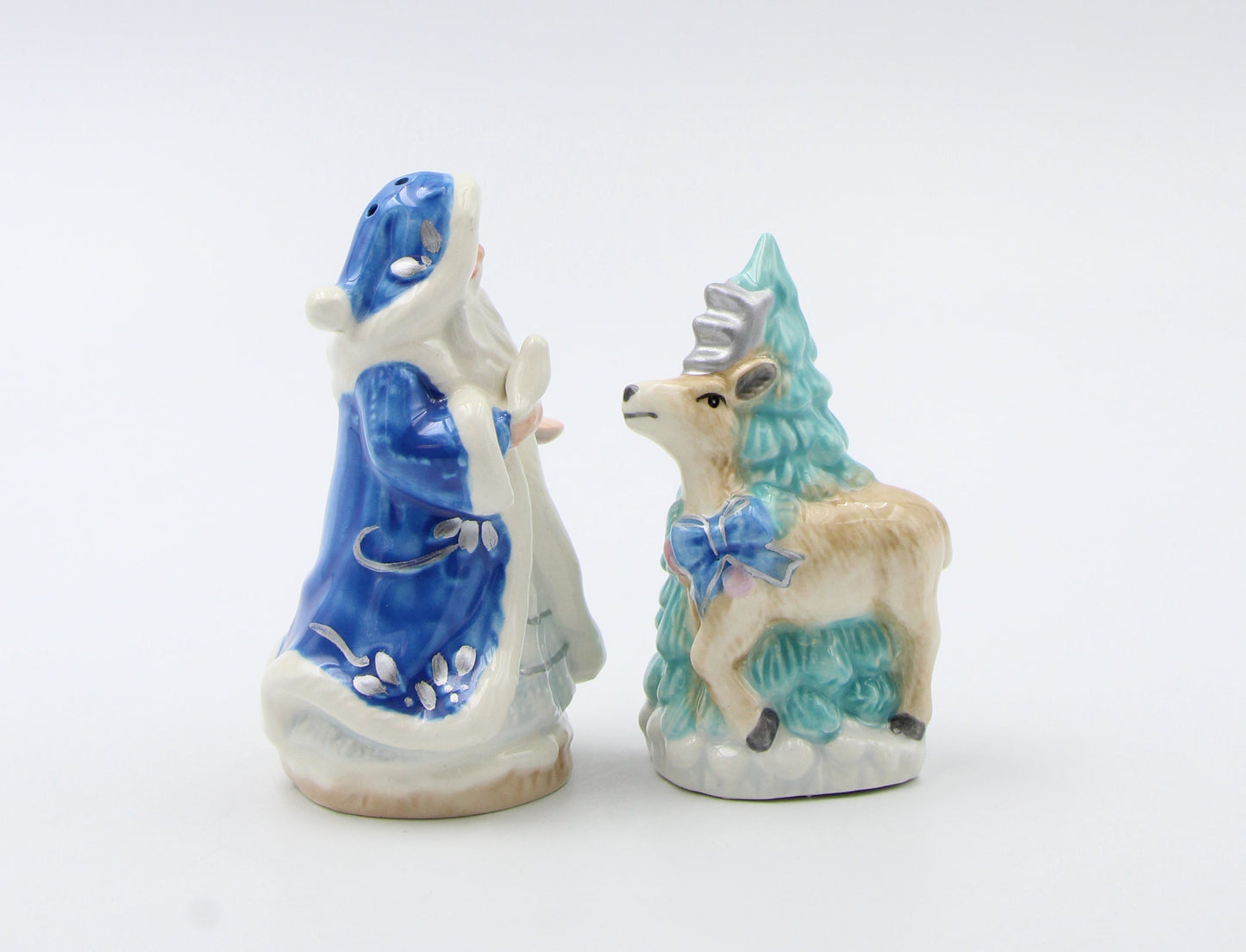 Hand Painted Ceramic Blue Santa Claus with Reindeer & Tree Salt and Pepper Shakers Home Décor Gift for Her Gift for Mom