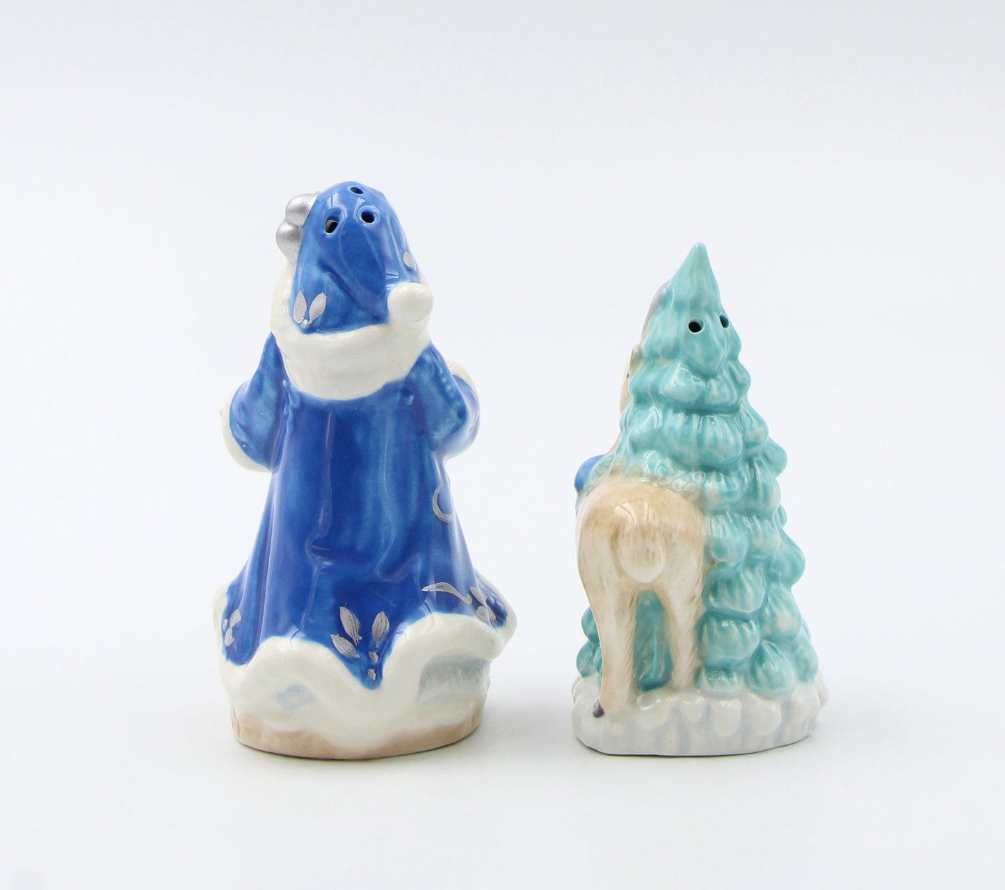 Hand Painted Ceramic Blue Santa Claus with Reindeer & Tree Salt and Pepper Shakers Home Décor Gift for Her Gift for Mom