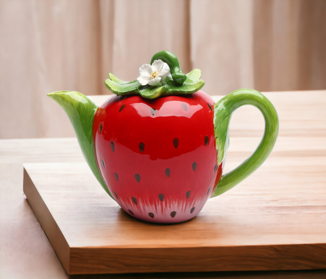 Hand Painted Ceramic Strawberry Teapot Gift for Her Gift for Mom Tea Party Décor Café Décor Farmhouse Décor - teapot