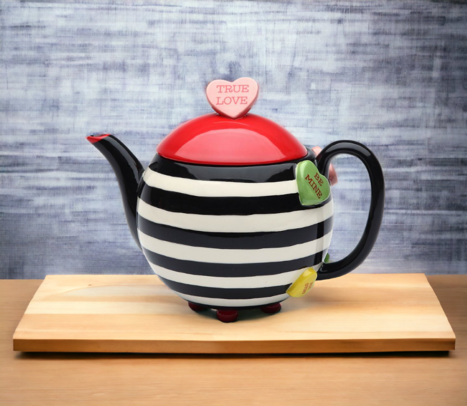 Hand Painted Ceramic Striped Teapot with Hearts Gift for Her Gift for Mom Kitchen Décor Tea Party Décor Café Décor