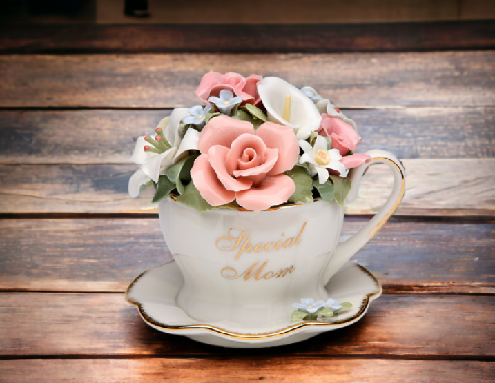 Handcrafted Ceramic Flower Bouquet in Cup Music Box Home Décor Gift for Her Gift for Mom Mother’s Day Gift - Music box