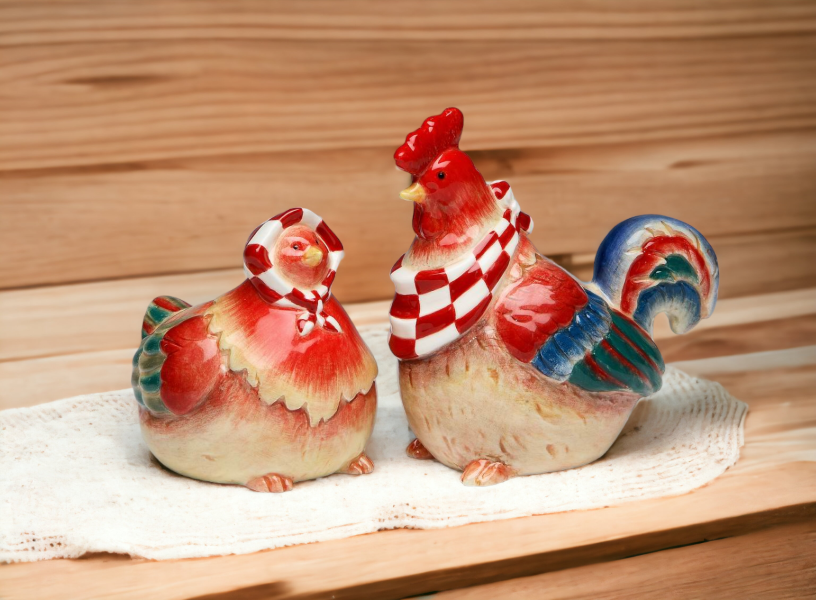 Happy Farm: Hand Painted Ceramic Red Hen & Rooster Salt & Pepper Shakers Home Décor Gift for Her or Mom Kitchen Décor