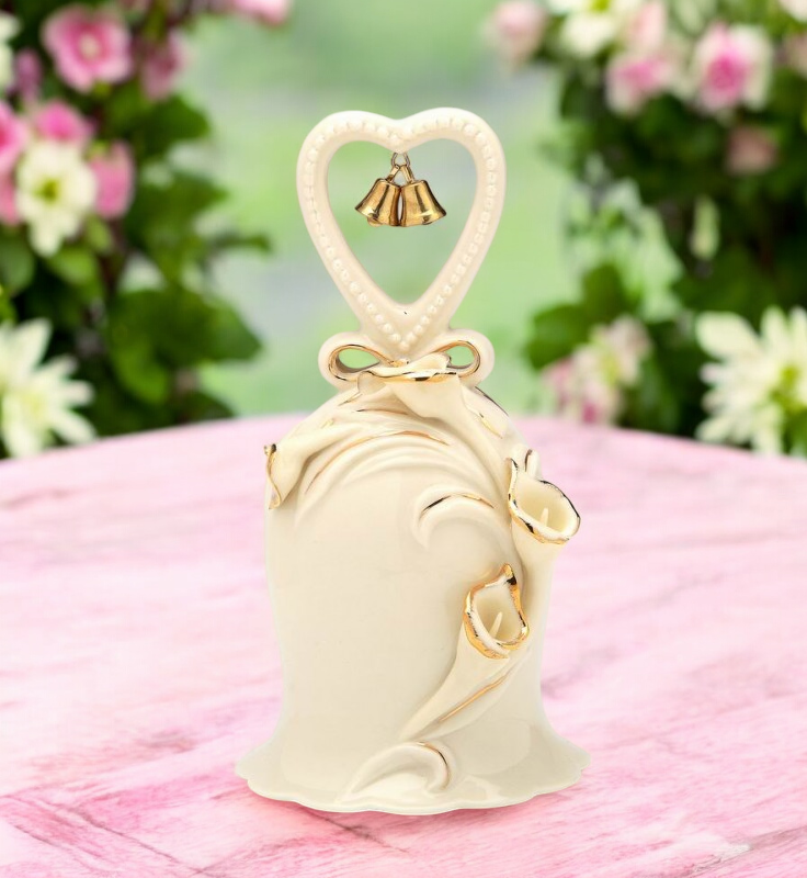 Ivory Ceramic Bell with Calla Lily Flowers and Golden Accents Wedding Decor Anniversary Decor - Bell