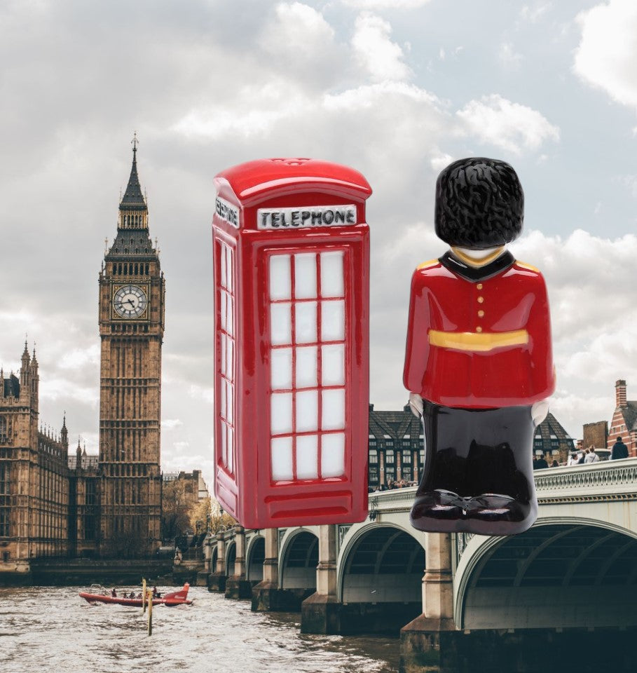 London England: The Queen’s Guard And Red Telephone Booth Salt & Pepper Shakers Home Décor Gift for Her Gift for Mom
