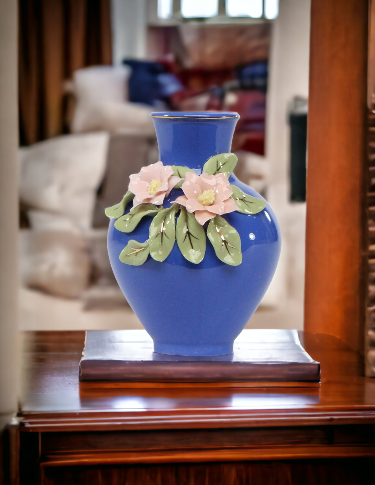 Mini Size Ceramic Columbine Flowers on Blue Vase Home Décor Gift for Her Gift for Mom Spring Decor