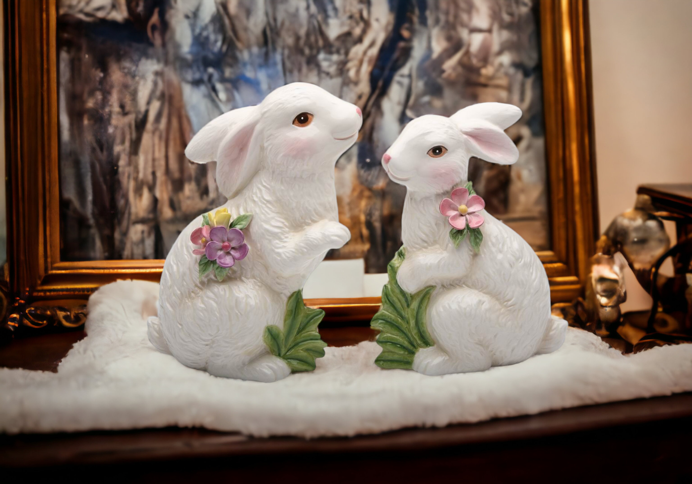 Springtime Bunnies: Cute Easter Rabbits with Flowers Figurines Set of 2