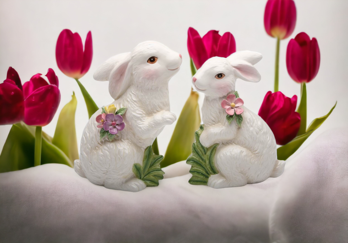 Springtime Bunnies: Cute Easter Rabbits with Flowers Figurines Set of 2