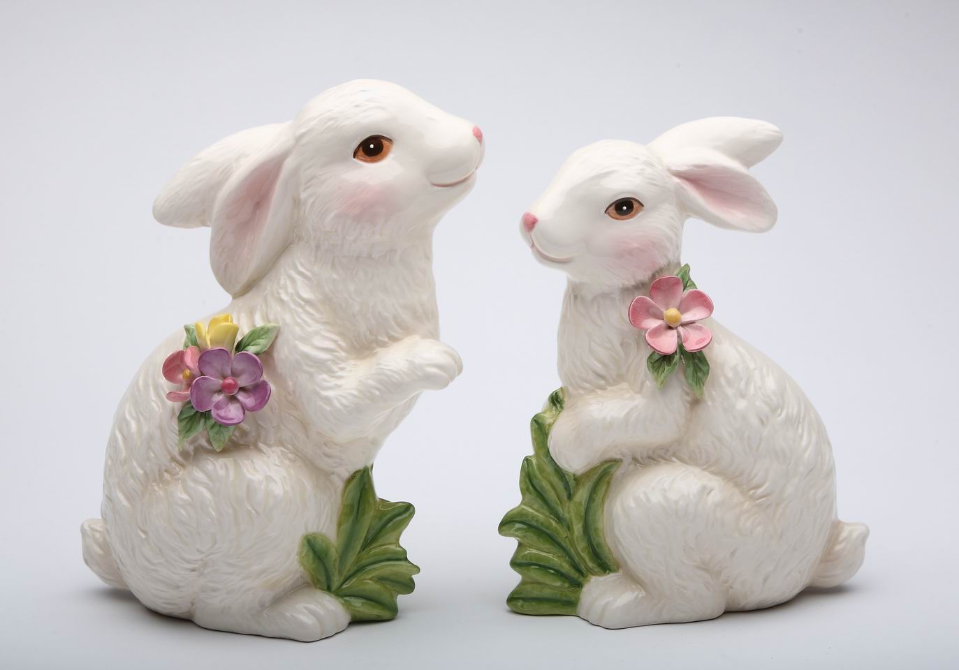 Springtime Bunnies: Cute Easter Rabbits with Flowers Figurines Set of 2