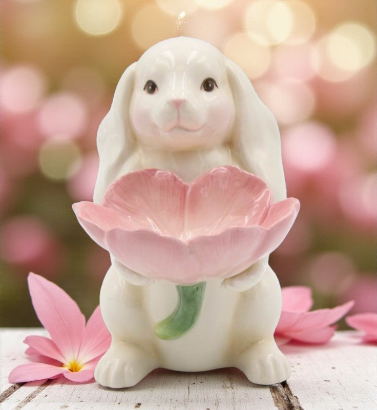 Springtime Bunnies: Easter Bunny Rabbit Holding Pink Flower Candy Dish Spring Decor - Figurines