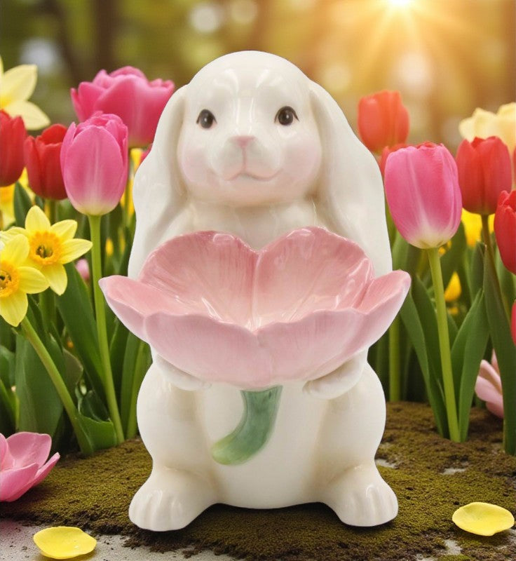 Springtime Bunnies: Easter Bunny Rabbit Holding Pink Flower Candy Dish Spring Decor - Figurines