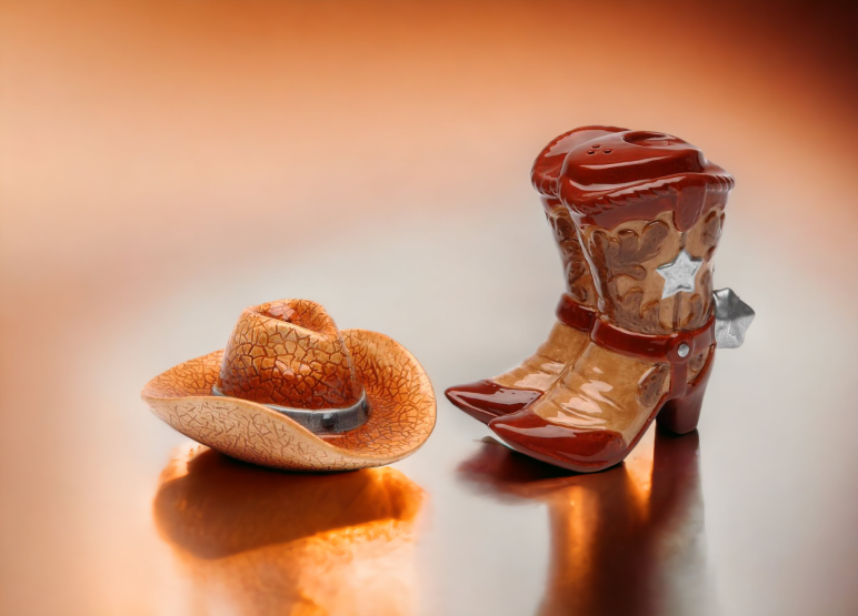 Wild West: Hand Painted Ceramic Cowboy Hat and Boots Salt and Pepper Shakers Home Décor Gift for Him Gift for Dad
