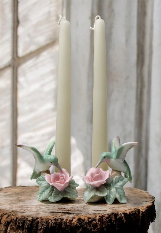 Ceramic Hummingbird with Rose Flower Candle Holder - Set of 2, Bird Watcher Gift, Vintage Decor, Gift for Her, Gift for Mom