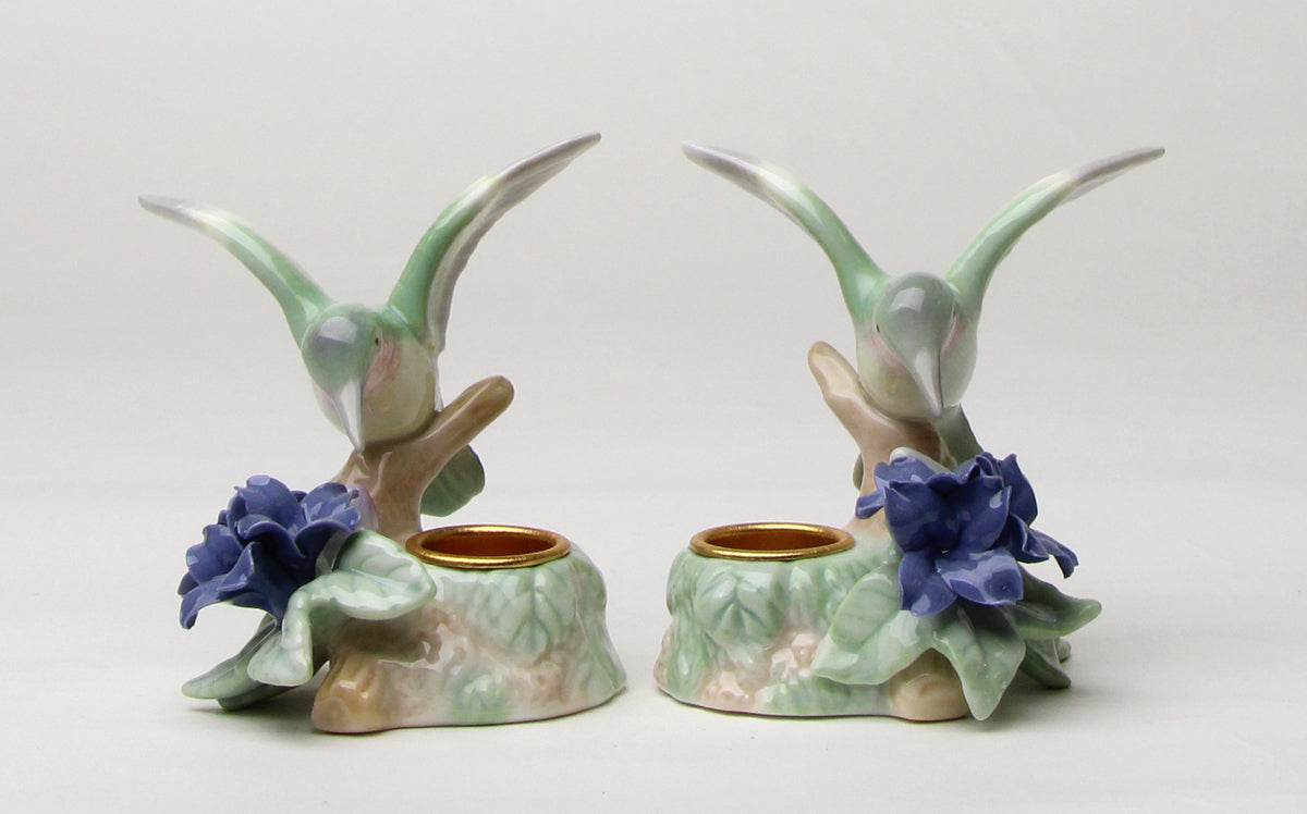 Ceramic Hummingbird with Violet Flower Candle Holder - Set of 2, Bird Watcher Gift, Garden Decor, Gift for Her, Gift for Mom