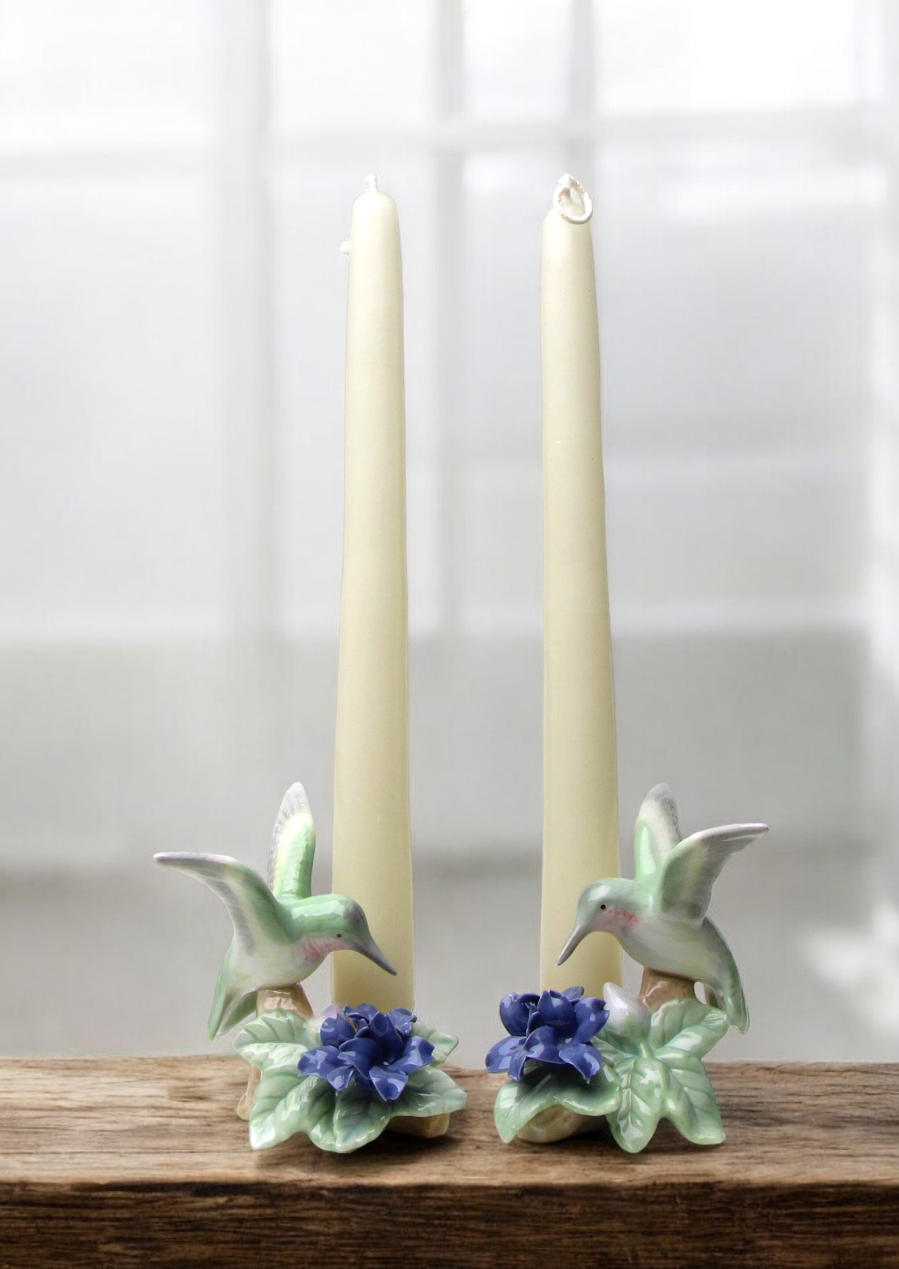 Ceramic Hummingbird with Violet Flower Candle Holder - Set of 2, Bird Watcher Gift, Garden Decor, Gift for Her, Gift for Mom