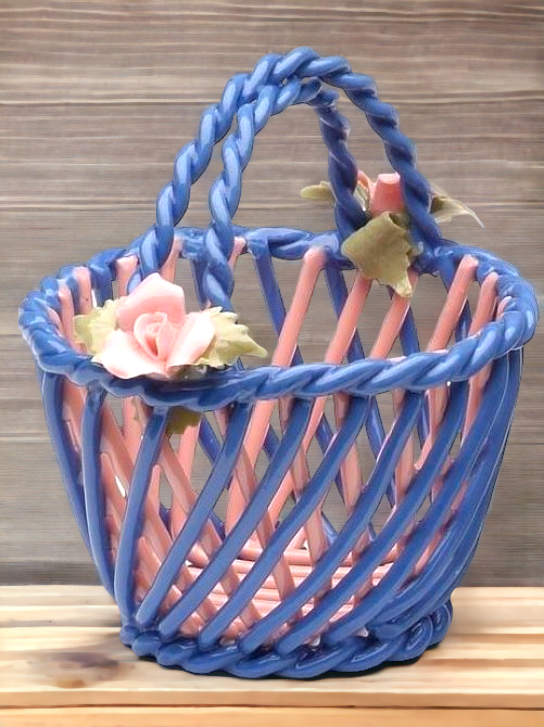 Ceramic Small Woven Blue Basket with Pink Rose Flowers, Home Décor, Gift for Her, Gift for Mom, Nature Lover Gift