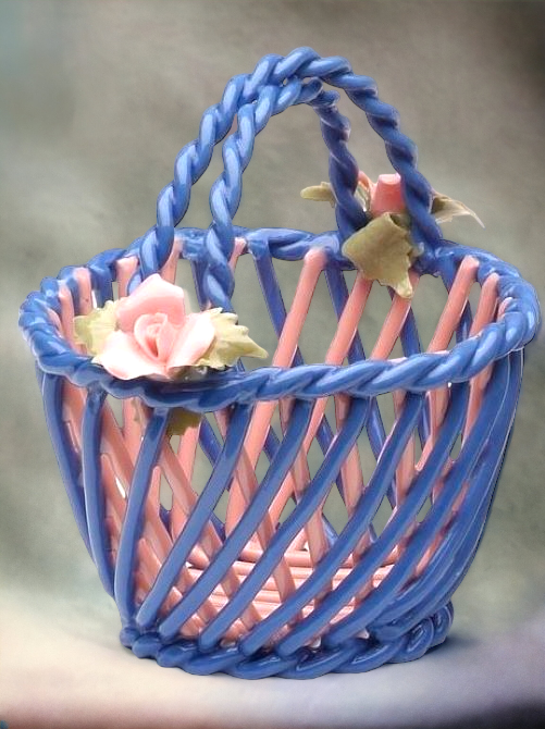 Ceramic Small Woven Blue Basket with Pink Rose Flowers, Home Décor, Gift for Her, Gift for Mom, Nature Lover Gift