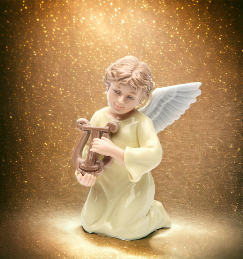 Ceramic Angel Playing Harp Figurine, Religious Décor, Religious Gift, Church Décor, Church Gift, Baptism Gift