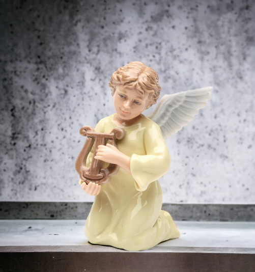 Ceramic Angel Playing Harp Figurine, Religious Décor, Religious Gift, Church Décor, Church Gift, Baptism Gift