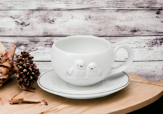 Ceramic White Birds Cup And Saucer, Gift for Her, Gift for Mom, Tea Party Décor, Café Décor, Farmhouse Kitchen Décor
