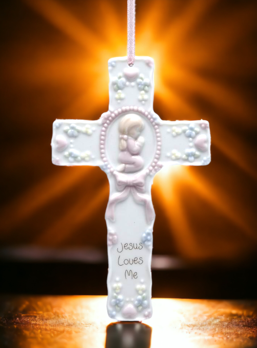 Ceramic Cross Girl With Pink Ribbon Wall Decor, Religious Décor, Religious Gift, Church Décor, Church Gift, Baptism Gift