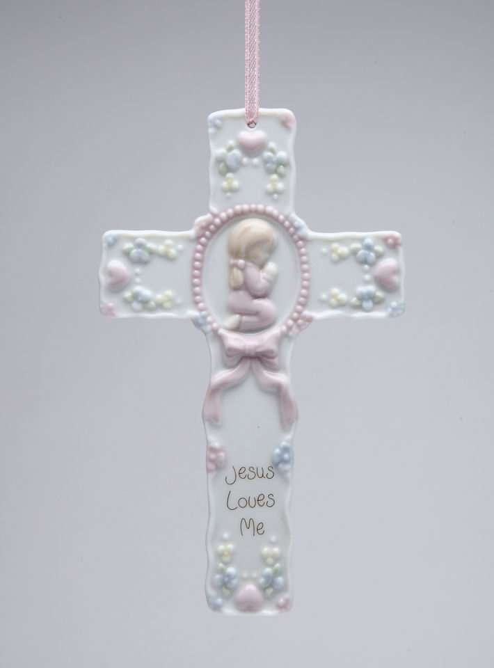 Ceramic Cross Girl With Pink Ribbon Wall Decor, Religious Décor, Religious Gift, Church Décor, Church Gift, Baptism Gift