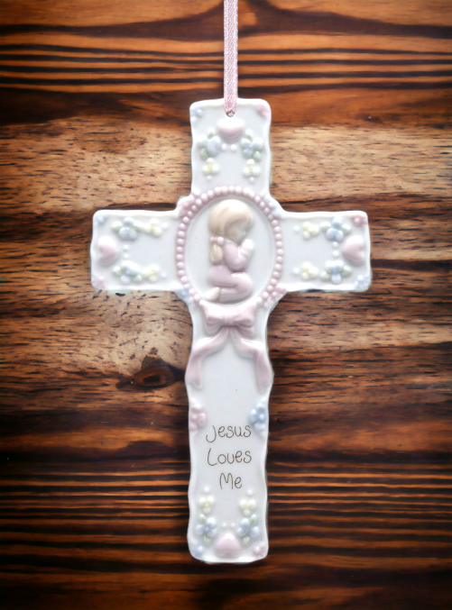 Ceramic Cross Girl With Pink Ribbon Wall Decor, Religious Décor, Religious Gift, Church Décor, Church Gift, Baptism Gift