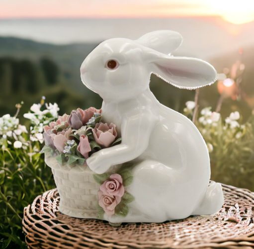 Ceramic Bunny Rabbit With Flower Basket Figurine, Home Décor, Gift for Her, Gift for Mom, Kitchen Décor, Spring Décor, Easter Décor