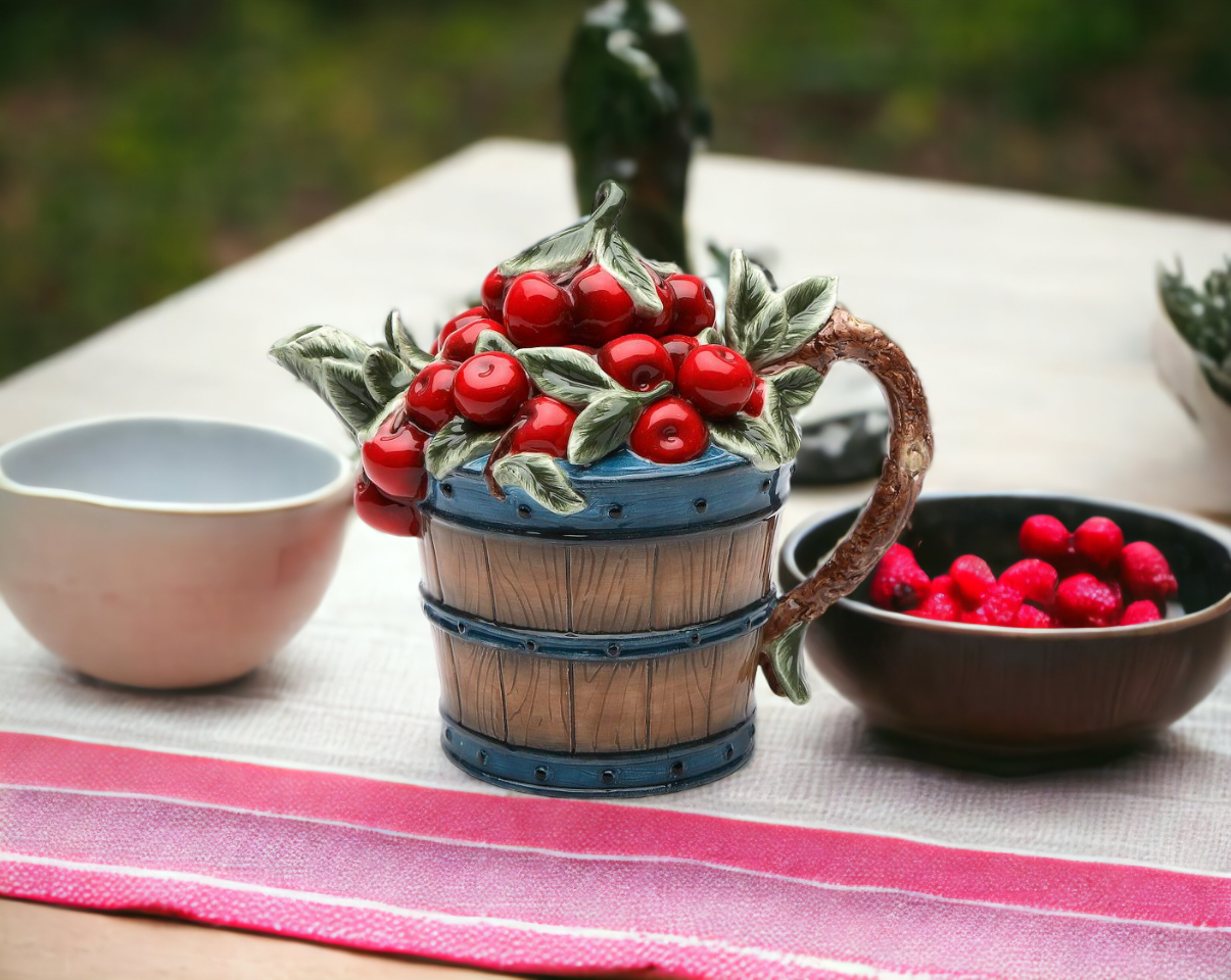 Hand Painted Ceramic Cherry Teapot, Gift for Her, Gift for Mom, Tea Party Décor, Café Décor, Farmhouse Décor