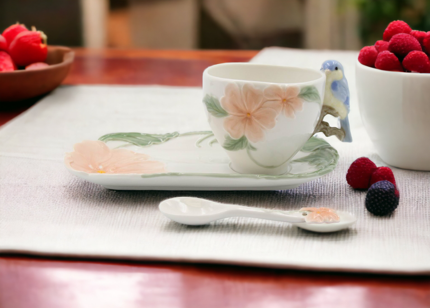 Ceramic Bluebird Flower Cup And Saucer And Spoon-1Set, Gift for Her, Gift for Mom, Gift for Friend or Coworker, Tea Party Décor, Café Decor