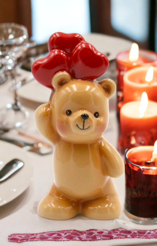 Ceramic Teddy Bear With Heart Balloons Vase, Romantic Decor, Valentines Decor, Gift for Her