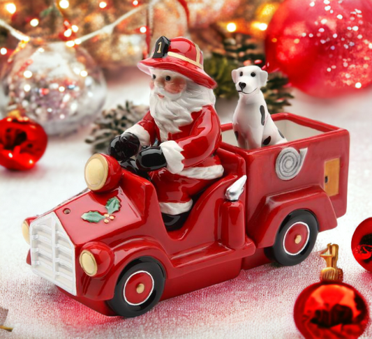 Ceramic Santa On A Firetruck Salt and Pepper Shakers with Box (Set Of 3), Home Décor, Gift for Firefighter, Christmas Décor