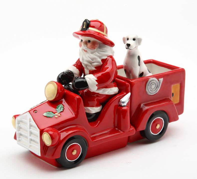 Ceramic Santa On A Firetruck Salt and Pepper Shakers with Box (Set Of 3), Home Décor, Gift for Firefighter, Christmas Décor
