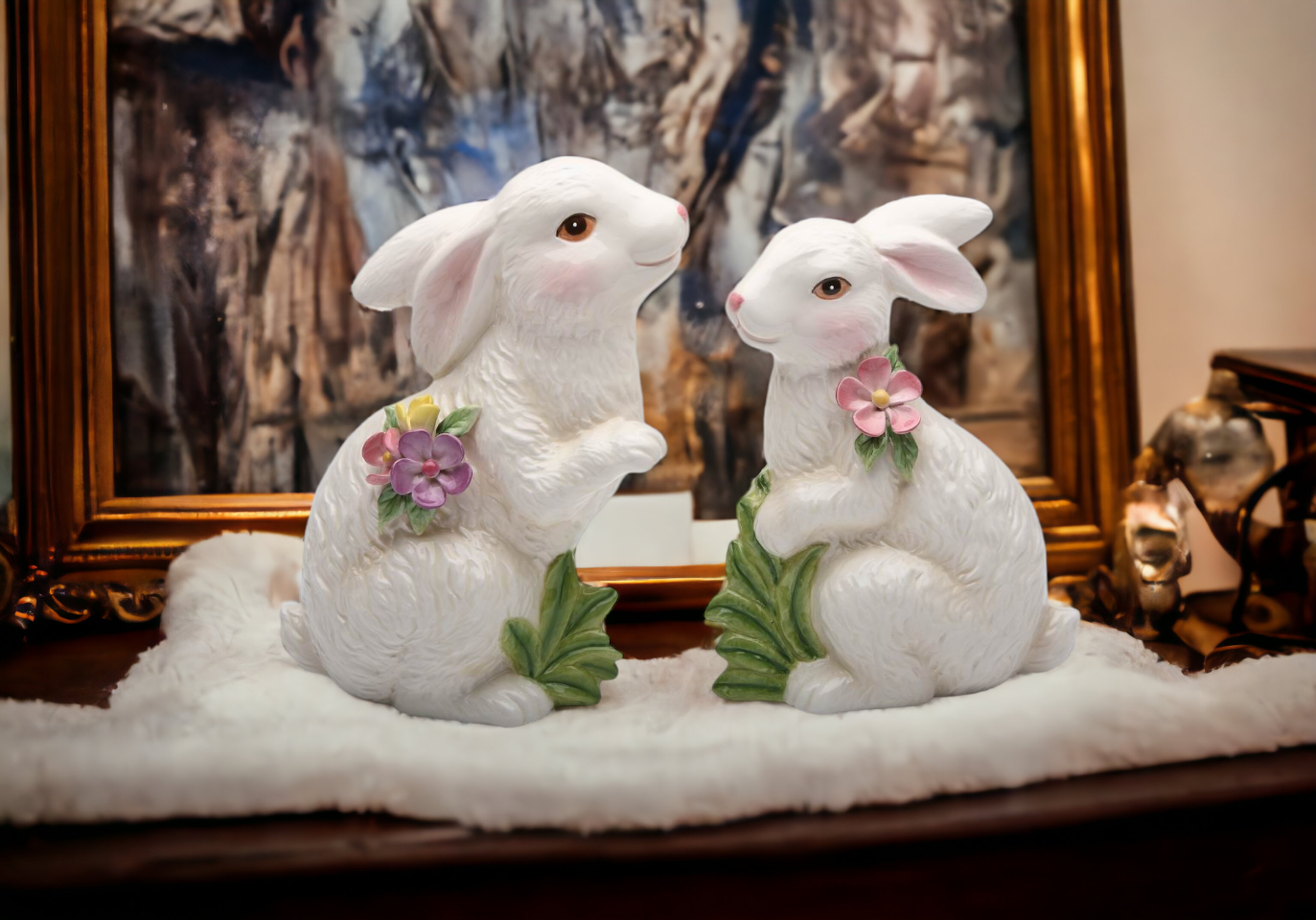 Springtime Bunnies: Cute Easter Rabbits with Flowers Figurines, Set of 2