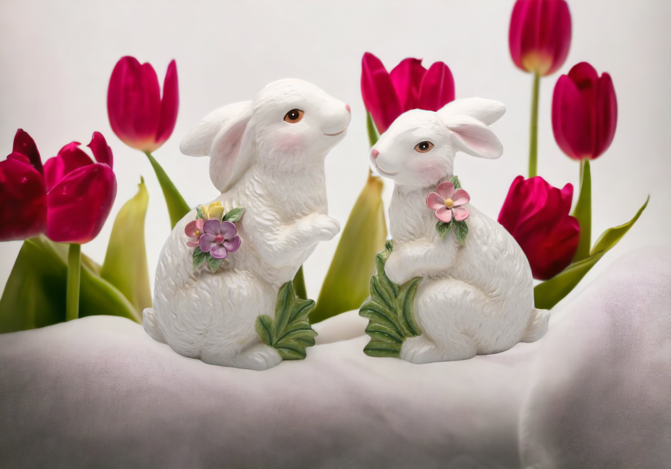 Springtime Bunnies: Cute Easter Rabbits with Flowers Figurines, Set of 2