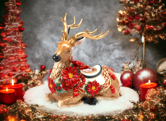 Ceramic Christmas Poinsettia Reindeer Figurine, Home Décor, Gift for Her, Gift for Mom, Kitchen Décor, Christmas Décor