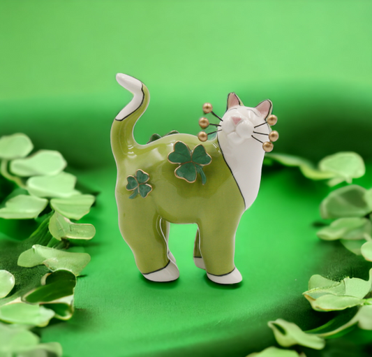 Ceramic Green Cat with Shamrocks and Golden Bead Whiskers Figurine, Home Décor, Gift for Her, Gift for Mom, Irish Saint Patrick’s Day Décor