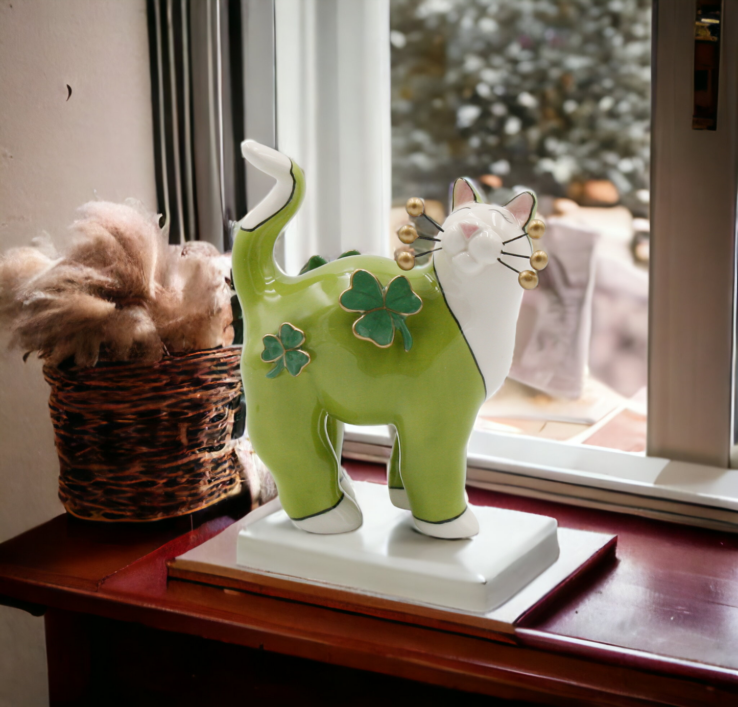 Ceramic Green Cat with Shamrocks and Golden Bead Whiskers Figurine, Home Décor, Gift for Her, Gift for Mom, Irish Saint Patrick’s Day Décor